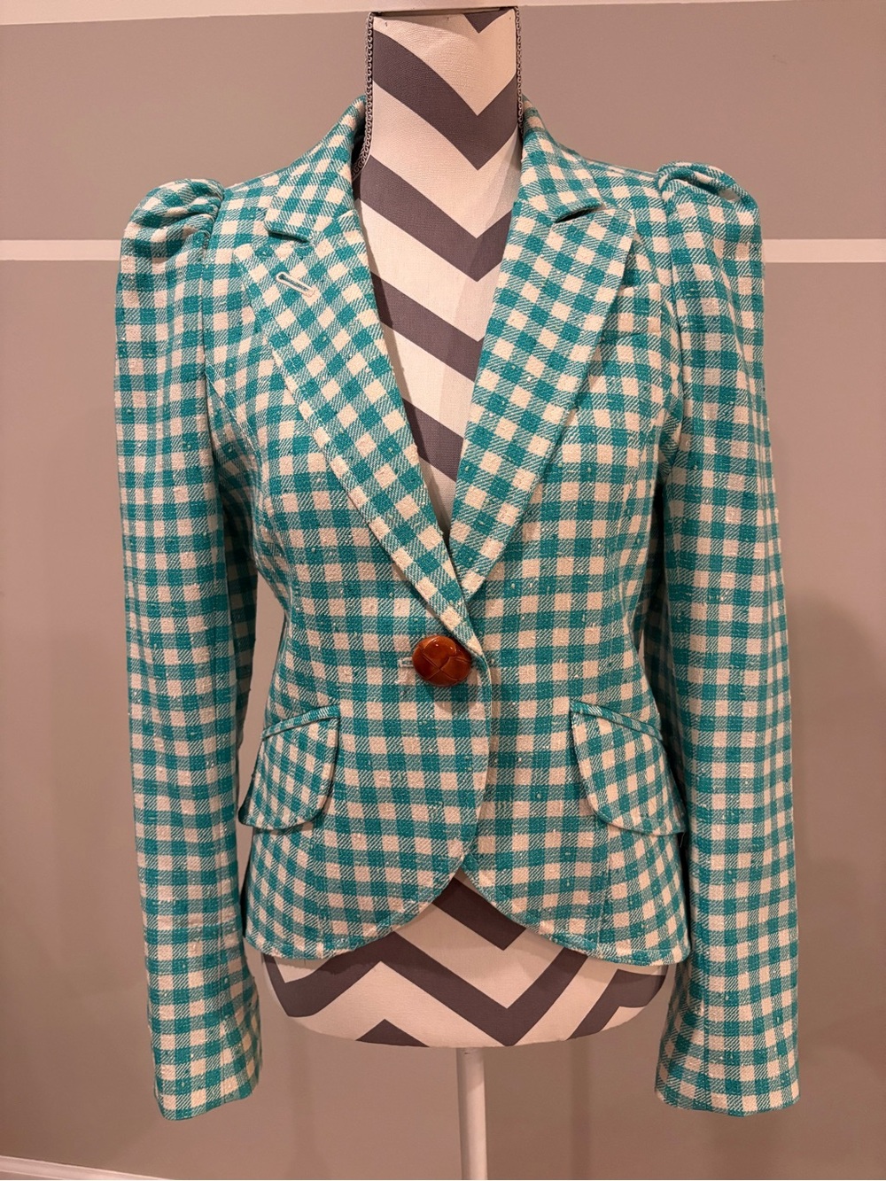 Smythe Pouf Sleeve Aqua Check Gingham Blazer - Picture 2 of 8